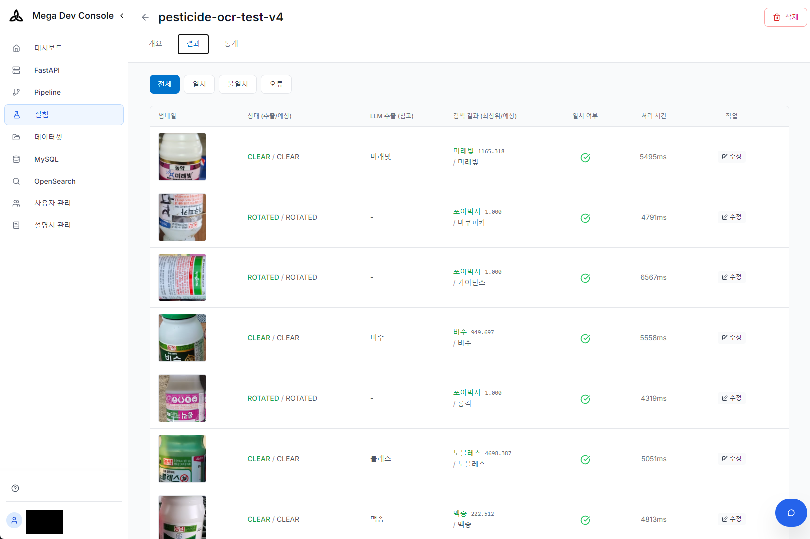 OCR 실험 결과 — 다양한 촬영 조건(정상/회전)에서의 추출·검색·일치 여부 확인